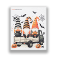Swedish Dishcloths with three gnomes in Halloween hats on a truck decorated with pumpkins, bats, spiders, cobwebs, and license plate reading SJOBER.