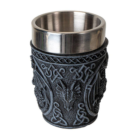 The Shot Glass: Medieval Dragon Shot Glass features an ornate black resin exterior with Celtic knot accents and a removable stainless steel insert, bringing mystical style to your drinkware collection.
