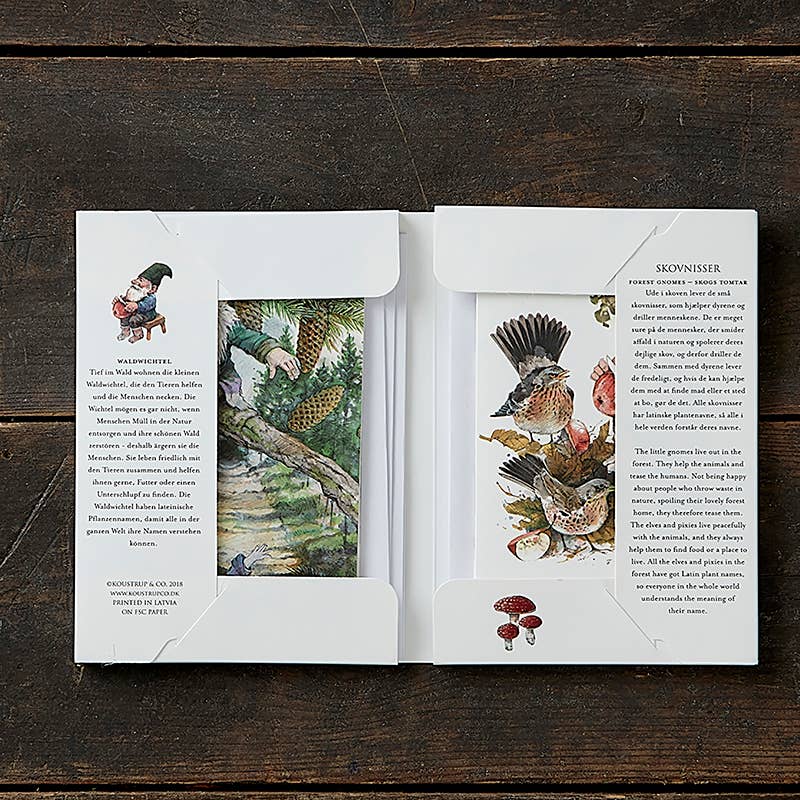 An opened folder from the Card Pack: Forrest Gnomes - Skovnisser displays illustrated pages featuring birds, gnomes, and mushrooms, along with text in Swedish.