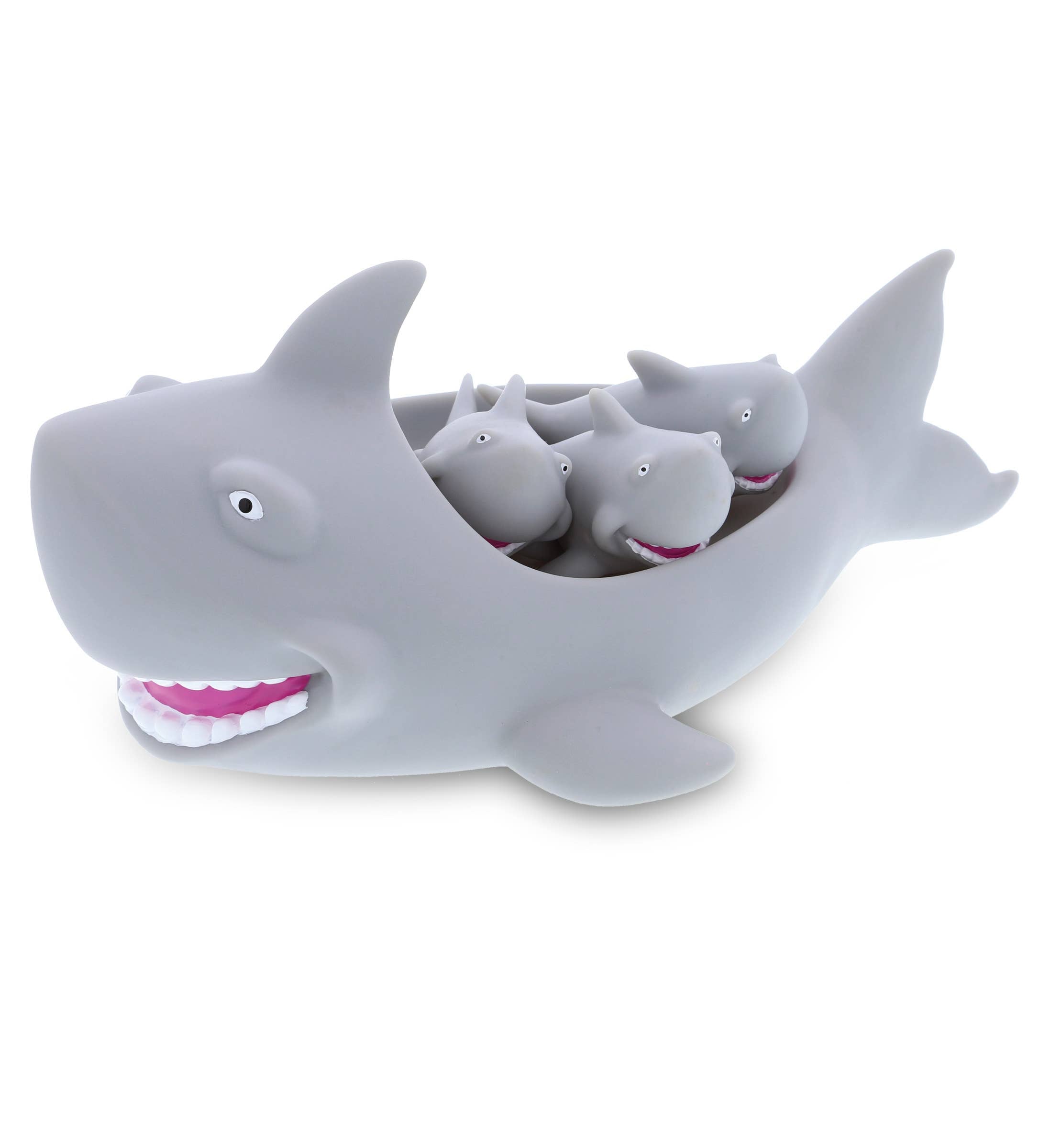 The Bath Toy: Family Bath Buddies - Grey Shark is a gray shark-shaped bath toy that holds three smaller gray shark squirters inside, creating a fun family set.