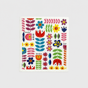 Square Swedish dishcloth with a colorful folk art floral pattern of stylized flowers, leaves, and stems.