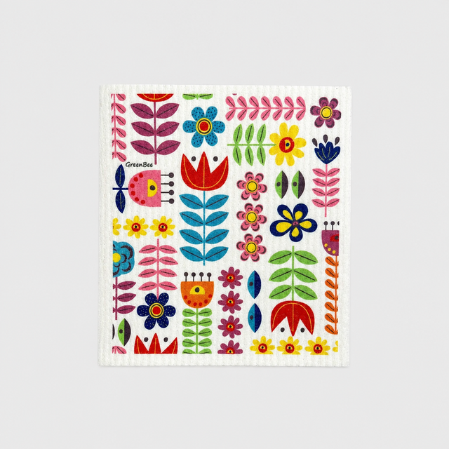 Square Swedish dishcloth with a colorful folk art floral pattern of stylized flowers, leaves, and stems.