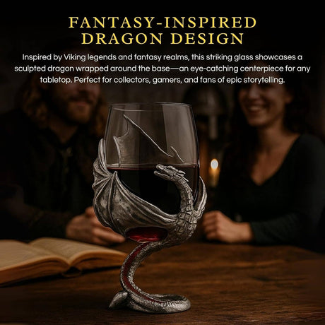 A Wine Glass: Medieval Dragon Viking Goblet Mug (9oz) with a sculpted dragon base rests on a table next to an open book, as two people sit in the softly lit background.
