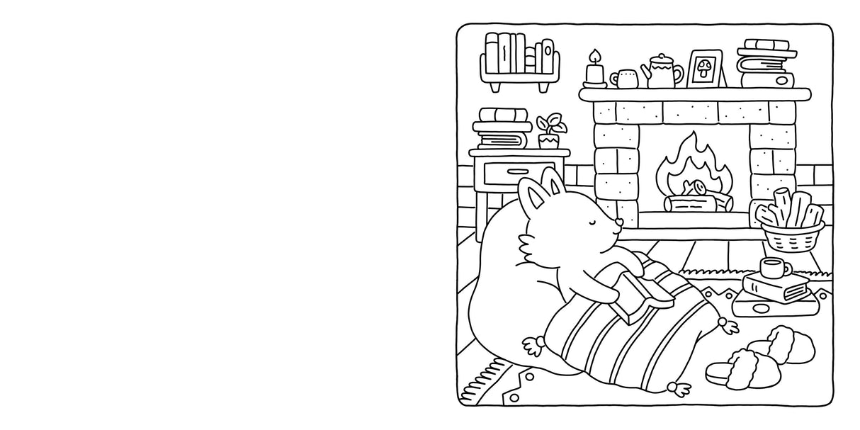 A fox on a bean bag, wrapped in a blanket and holding a mug by the fire, features in "Coloring Book: Fuzzy Hygge Cute and Cozy Coloring Book by Vivi Tinta" (Penguin Random House LLC)—perfect for stress relief and cozy inspiration.