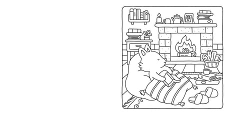 A fox on a bean bag, wrapped in a blanket and holding a mug by the fire, features in "Coloring Book: Fuzzy Hygge Cute and Cozy Coloring Book by Vivi Tinta" (Penguin Random House LLC)—perfect for stress relief and cozy inspiration.