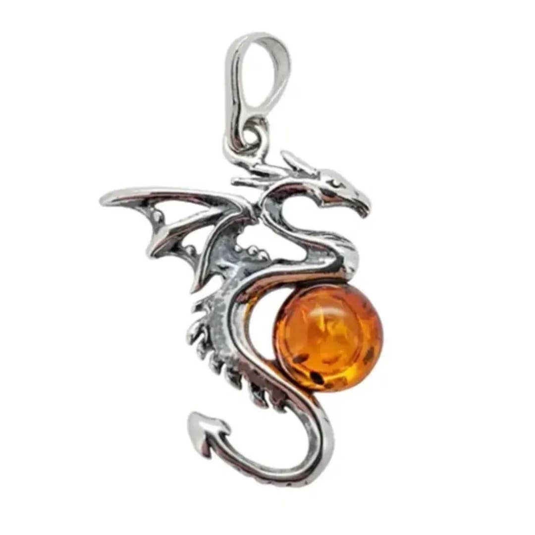The Pendant: Cognac Amber Silver Dragon Pendant features a dragon clutching a round Cognac Amber gemstone, inspired by mythical tales.