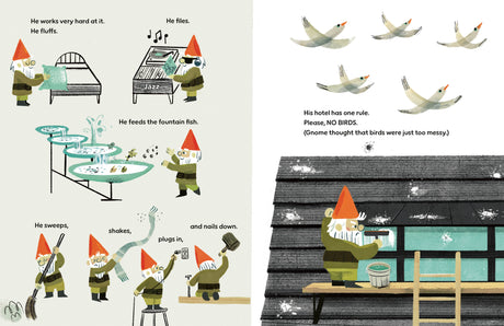 A garden gnome tends a rooftop and fountain as birds from the nearby animal hotel fly above, leaving droppings; a sign warns NO BIRDS. Inspired by “There's No Place Like Gnome's” by NYT best-selling illustrator Scott Magoon.