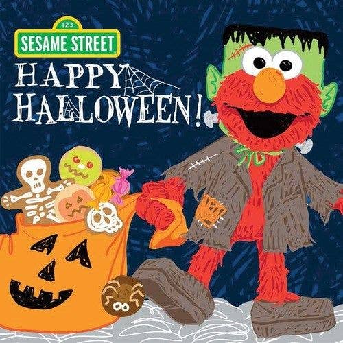 Elmo dressed as Frankenstein stands by a candy-filled jack-o’-lantern with “Sesame Street Happy Halloween!” in the background—ideal cover art for the book: Sesame Street Happy Halloween!.