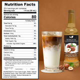 A bottle of Syrup: Hazelnut Coffee Syrup Syruvia with Pure Cane Sugar is beside a glass of iced latte, with nutrition facts displayed on the left.