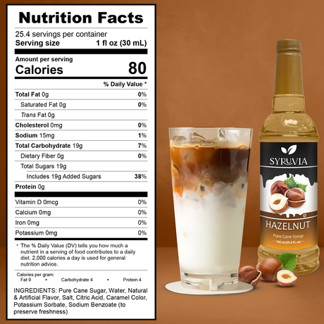 A bottle of Syrup: Hazelnut Coffee Syrup Syruvia with Pure Cane Sugar is beside a glass of iced latte, with nutrition facts displayed on the left.