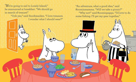 Inspired by Tove Janssons Moomin and the Moonlight Adventure, Moomin characters gather for breakfast in a yellow kitchen, chatting and planning their next adventure under the moonlight.