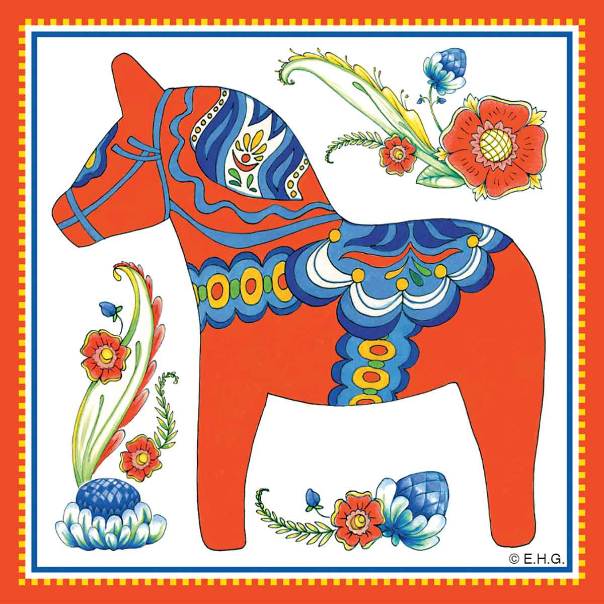 Illustration on a tile featuring a red Swedish Dala horse with floral patterns, surrounded by flowers on a white background, evoking traditional Swedish wall decor.