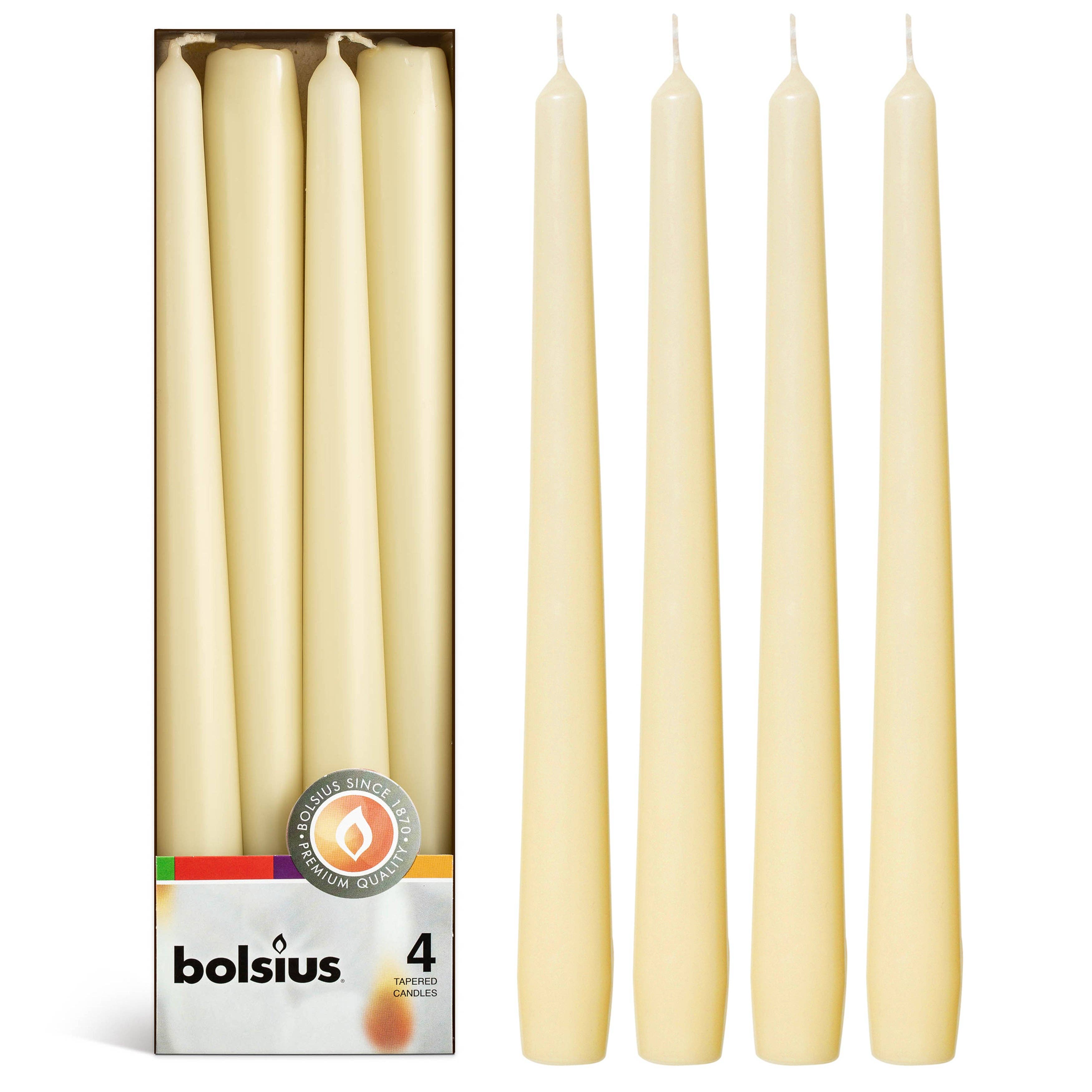 Four tall 10-inch white taper candles, made from high-quality paraffin wax, are displayed alongside the Bolsius packaging, which contains identical unscented candles.