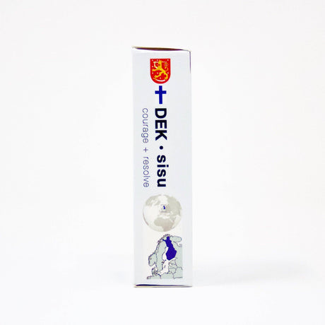 A package labeled "Playing Cards: DEK Sisu (Finland)" – embodying the Finnish spirit of courage and resolve, enhanced with resilience and determination, and adorned with a map and logo on the side.