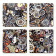 The Flores-Flowers Coaster set by Swedish artist Nadja Wedin includes 4 laminated birchwood coasters, each with a unique floral design in black, white, yellow, and orange on a dark background.