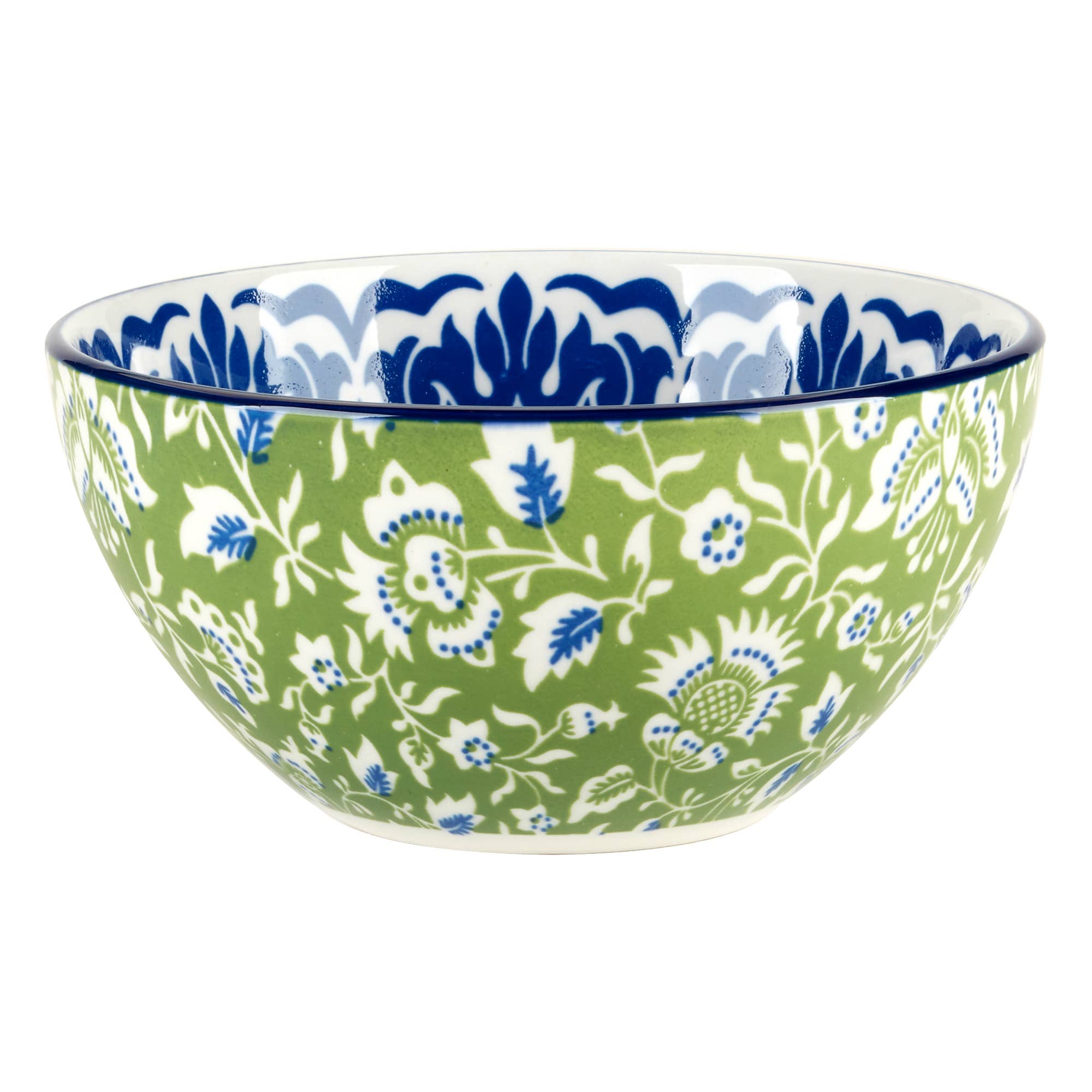 The Bowls: Multi-Color Patterned Porcelain All Purpose Bowl 6.25in 6 features a green exterior with white and blue floral designs and a blue and white patterned interior—ideal for fans of vibrant, multi-color bowls.