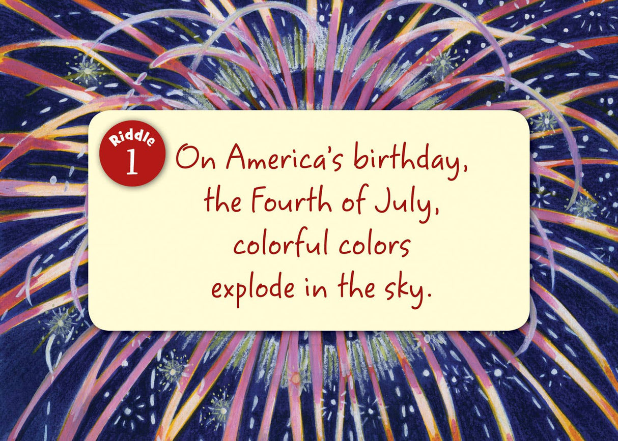 A colorful fireworks display featuring the text: Riddle 1 - On America’s birthday, the Fourth of July, riddles from Little America burst into vibrant colors across the sky.