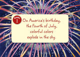 A colorful fireworks display featuring the text: Riddle 1 - On America’s birthday, the Fourth of July, riddles from Little America burst into vibrant colors across the sky.