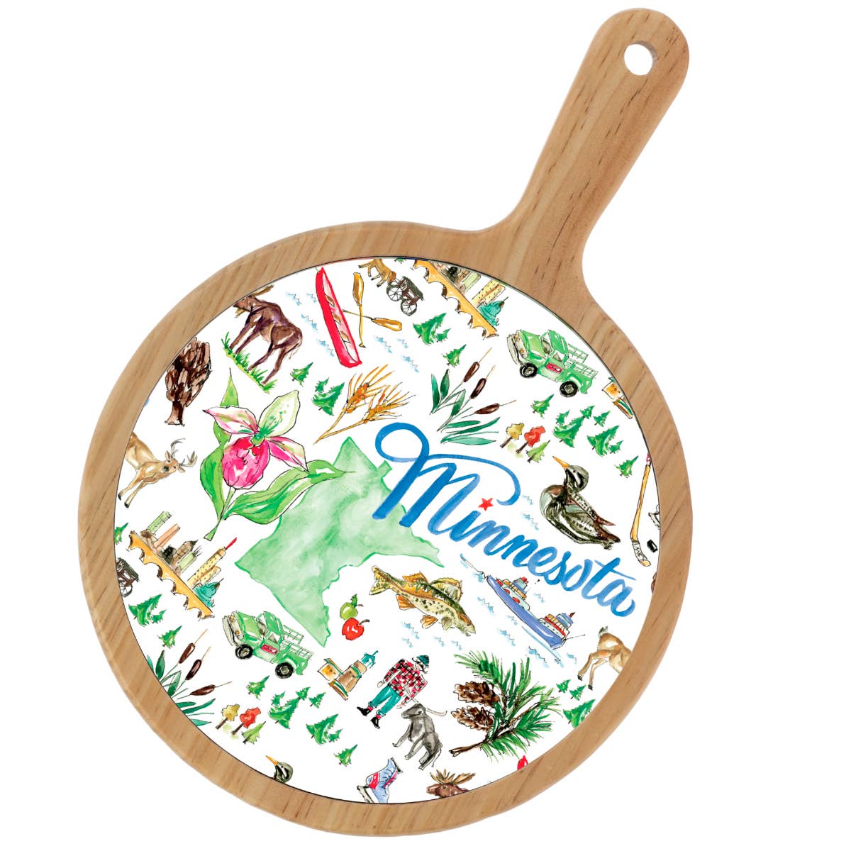 The Cheese Board: Minnesota MN State Cheese Board by Artist Rosanne Beck is a round wooden board adorned with charming illustrations of Minnesotas wildlife, plants, and landmarks, and features Minnesota scripted in blue—ideal for displaying favorite cheeses at gatherings.