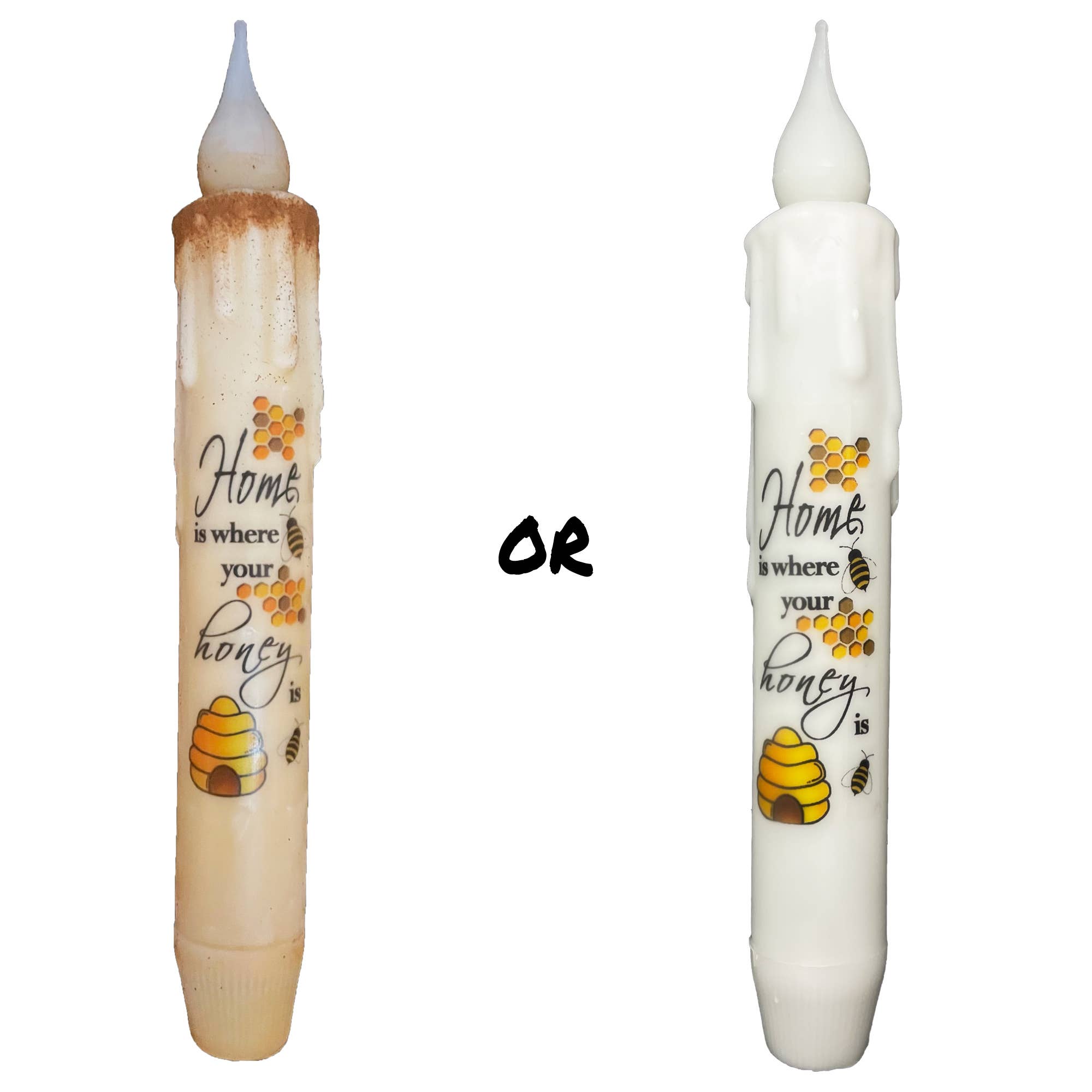 Two LED battery-operated timer candles named Home is Where Your Honey Is feature honeycomb designs, one in brown and the other in white, displayed vertically. A safe alternative to traditional candles, they bring warmth without worry.