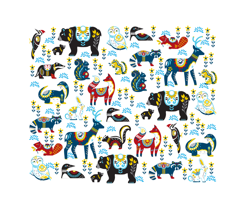 The 30 oz. Straight Insulated Tumbler features colorful, patterned Dala Animals—bears, deer, birds, and owls—in a grid on white, inspired by Cindy Lindgren Artwork.