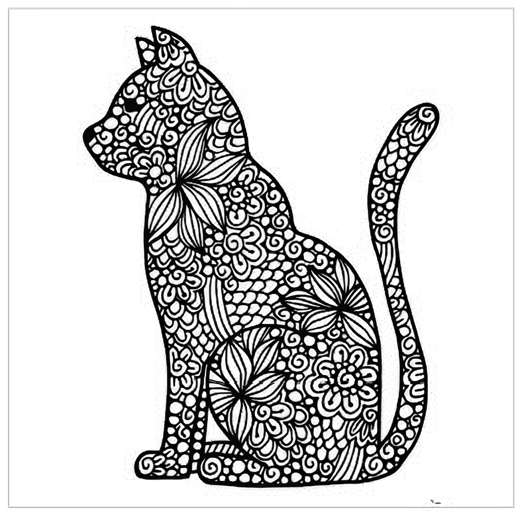 The Dish Cloth: Cat Swedish Dish Cloth features a side profile illustration of a cat with detailed floral and abstract patterns in black and white, highlighting the elegance these dishcloths are known for, including their ability to absorb up to 15 times their weight.