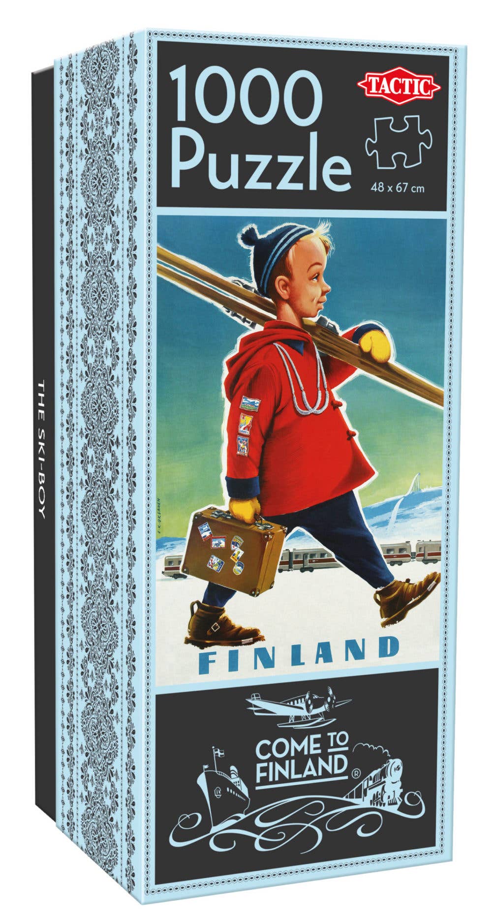 The Puzzle: Ski-Boy Finland 1000 pc Puzzle features a vintage illustration of a child in winter attire with skis and a suitcase, along with Finland and Come to Finland text. Made in Finland, it encapsulates the allure of Nordic winters.