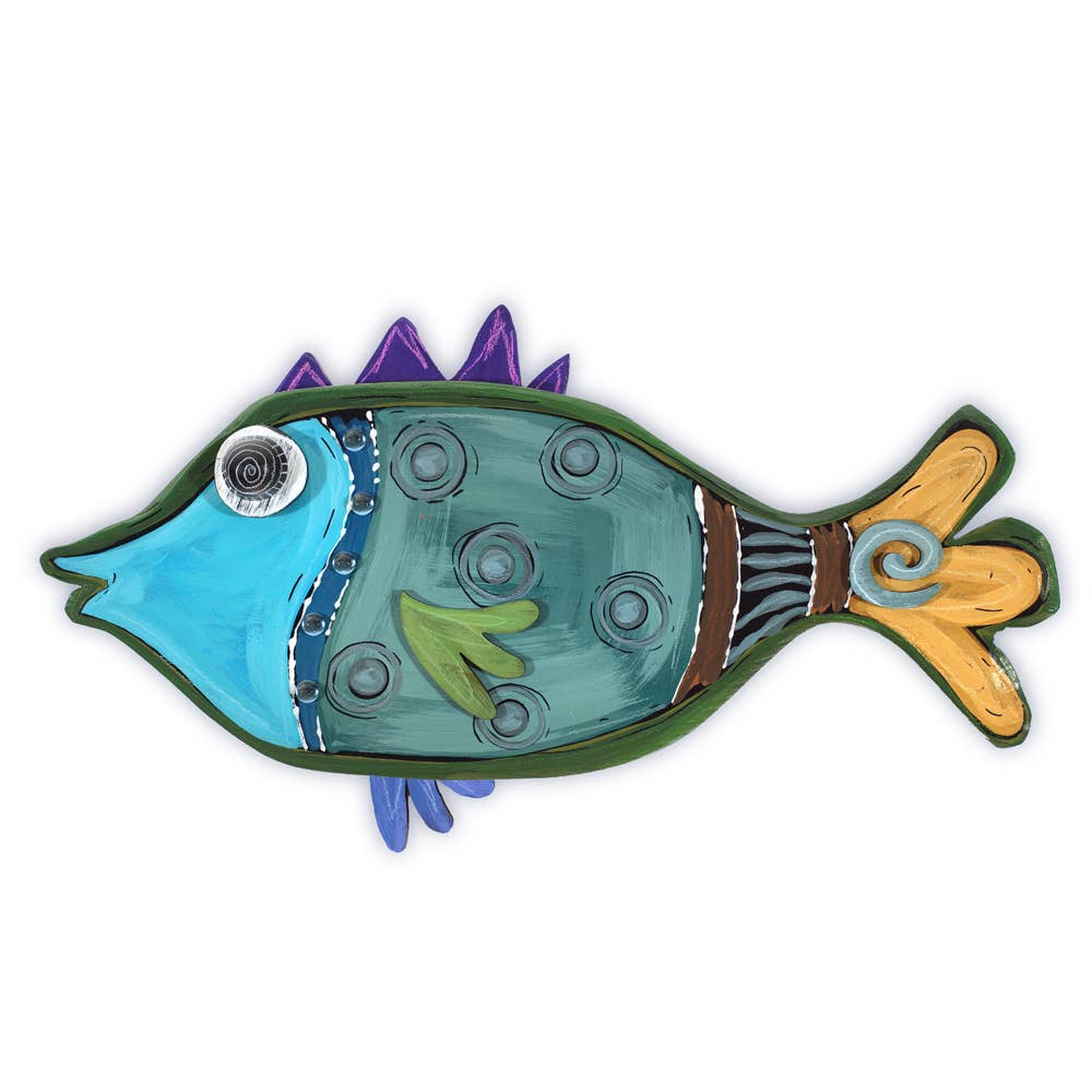 This vibrant E Drumm Design illustration, titled "Artwork: Fat Fish (Small)," showcases a handcrafted wooden fish with a blue head, green body, and orange tail. It is embellished with circle and stripe patterns, and its fins exhibit shades of purple and green for an artistic touch.