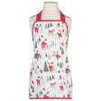 A mannequin displays the "Kids Apron - Must Be Santa," a festive white baking apron with red straps, decorated with Christmas-themed illustrations of Santa Claus, reindeer, gifts, trees, and candy canes.