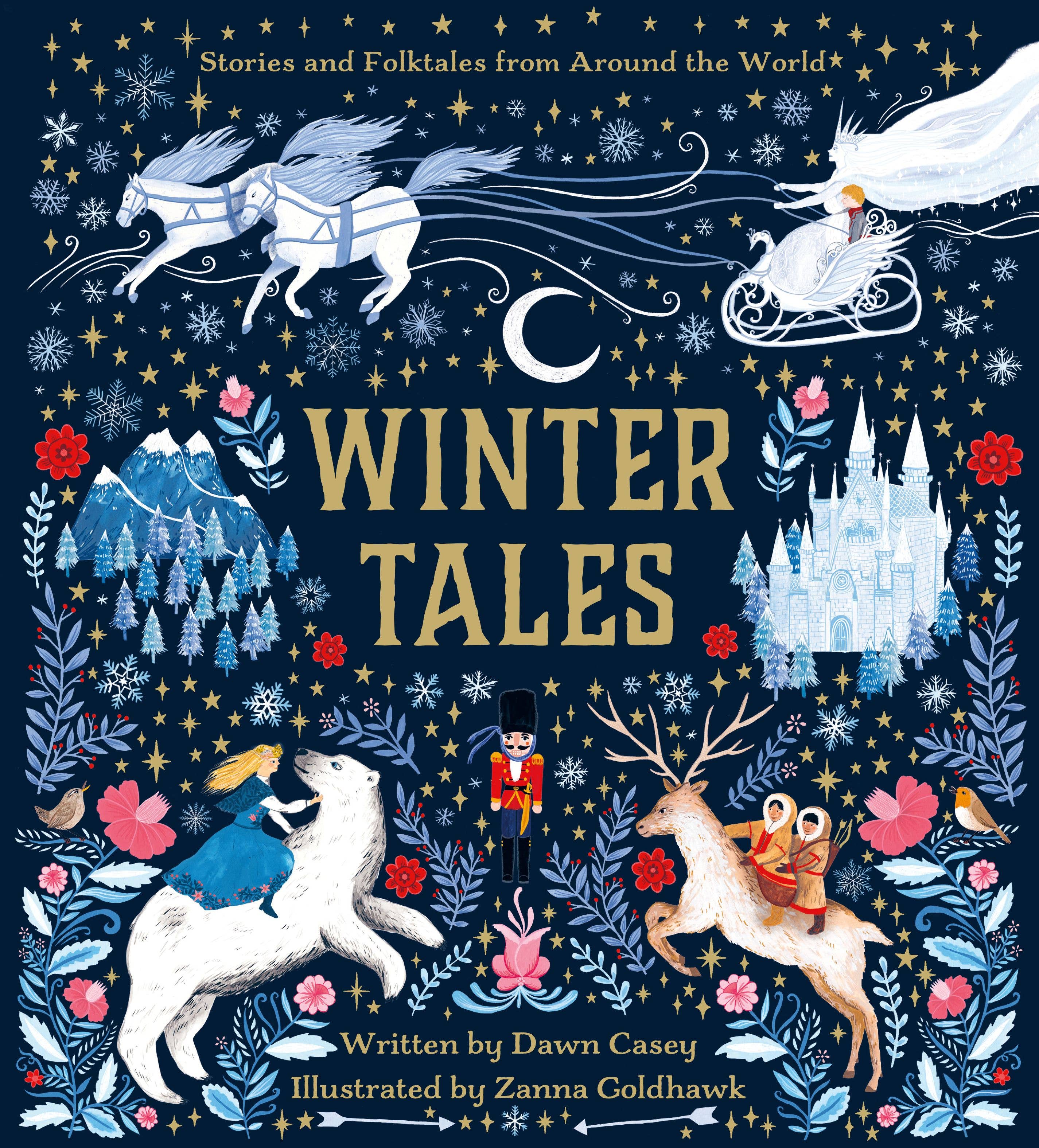 Winter Tales Hardcover Book—an illustrated treasury with winter scenes, castles, animals, and characters set against a dark floral background. Ideal for fans of cultural storytelling and winter folktales.