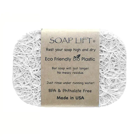 The Original Soap Lift Soap Saver is a white, rectangular, eco-friendly bio-plastic soap lift that’s BPA and phthalate-free, comes with a detailed label, and is proudly made in the USA.