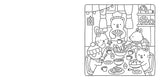 In the "Coloring Book: Fuzzy Hygge Cute and Cozy Coloring Book by Vivi Tinta" (Penguin Random House LLC), five cute animals enjoy a cozy indoor meal, with a bear chef serving pie in a warmly decorated scene.