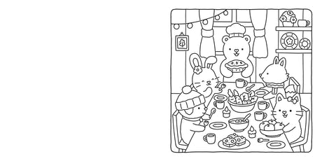 In the "Coloring Book: Fuzzy Hygge Cute and Cozy Coloring Book by Vivi Tinta" (Penguin Random House LLC), five cute animals enjoy a cozy indoor meal, with a bear chef serving pie in a warmly decorated scene.