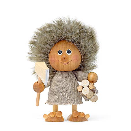 The Figurine: Scandinavian Troll Boy with Firewood is a handcrafted wooden figure, smiling in a furry hood and beige outfit, holding a bundle of firewood—a charming piece for your home decor.