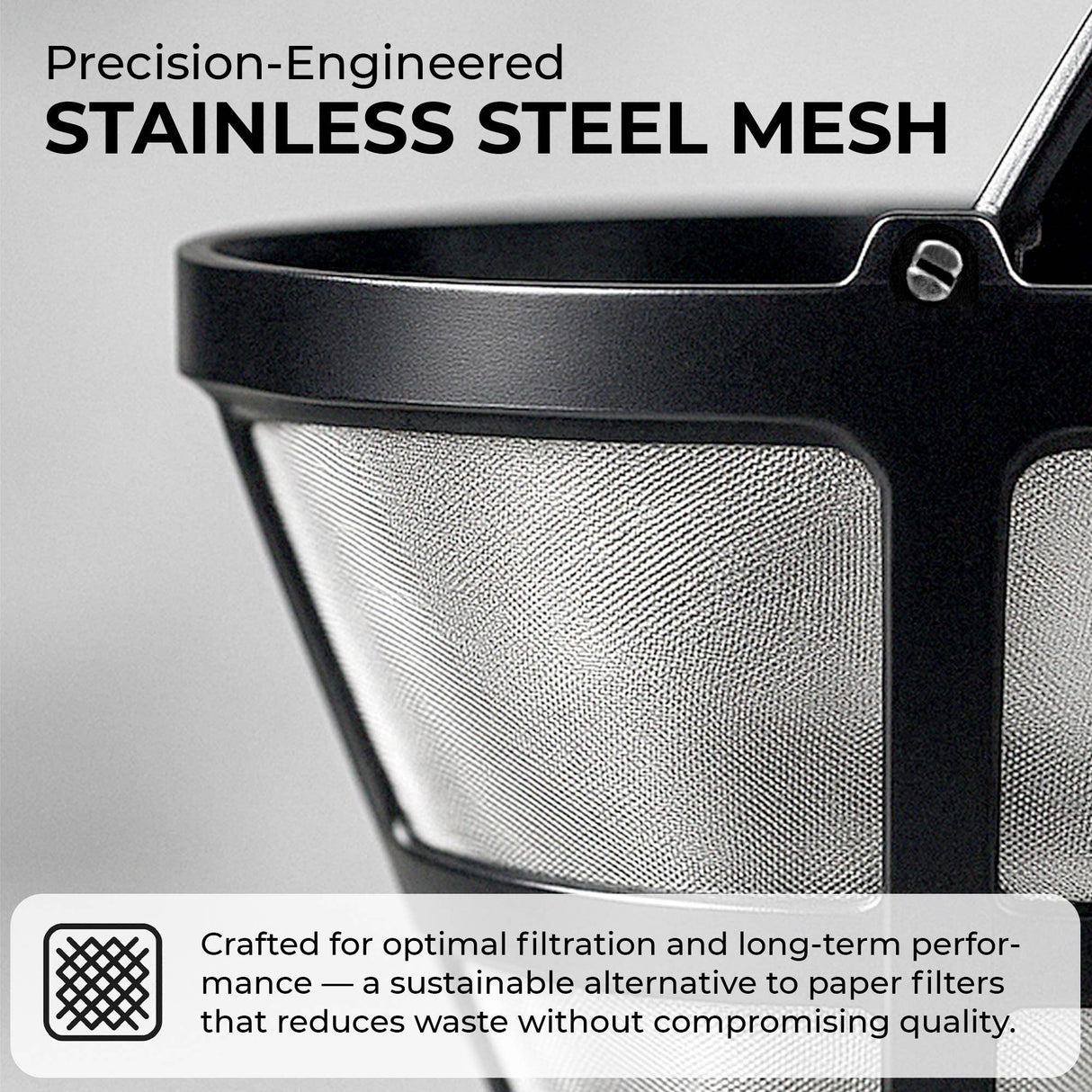 Close-up of the Kaffe Universal Permanent Coffee Filter— a reusable mesh filter with black trim that offers excellent filtration and sustainability, designed for 5-cup coffee makers.