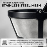 Close-up of the Kaffe Universal Permanent Coffee Filter— a reusable mesh filter with black trim that offers excellent filtration and sustainability, designed for 5-cup coffee makers.