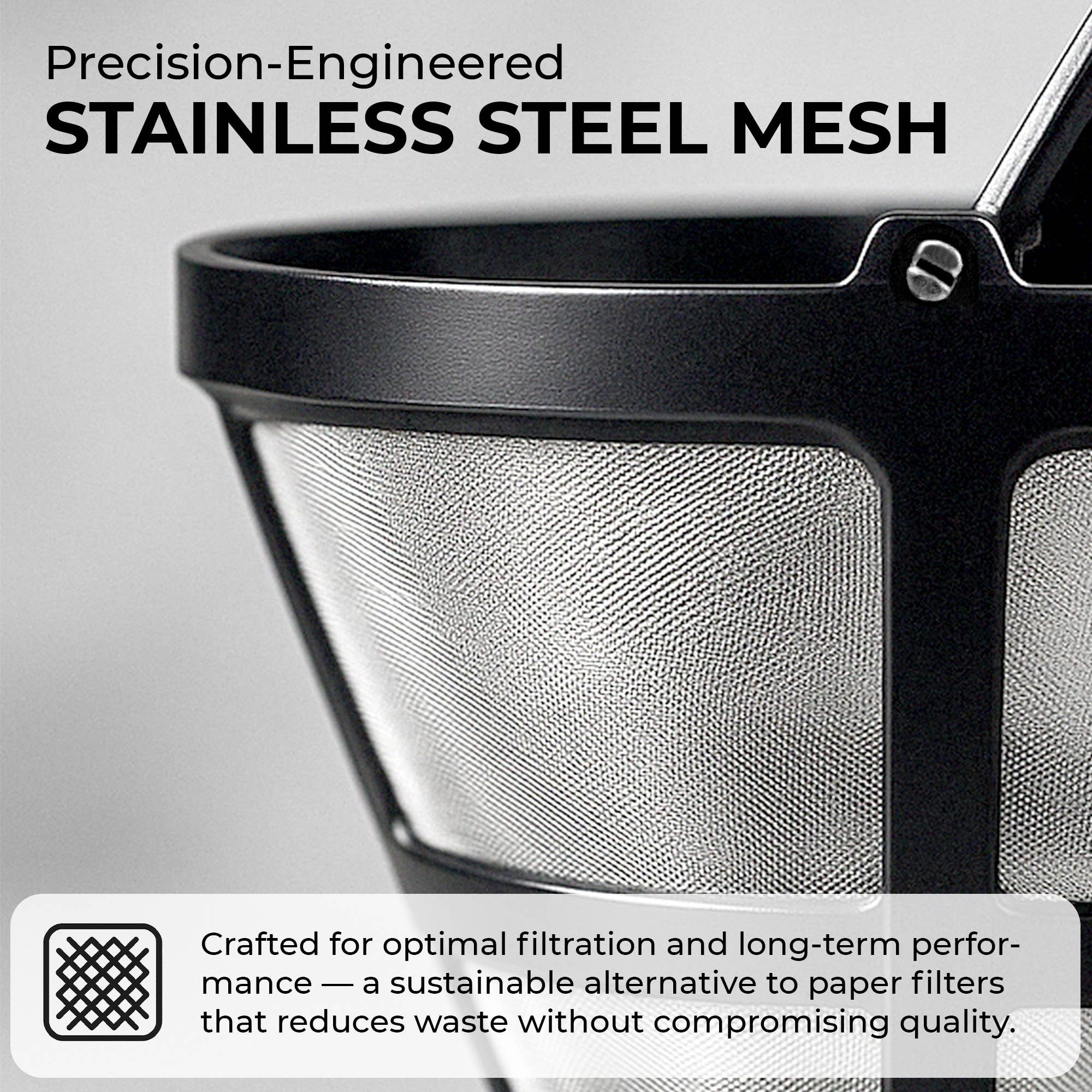 Close-up of the Kaffe Universal Permanent Coffee Filter— a reusable mesh filter with black trim that offers excellent filtration and sustainability, designed for 5-cup coffee makers.