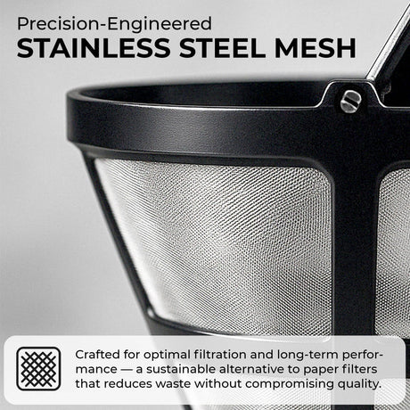 Close-up of the Kaffe Universal Permanent Coffee Filter— a reusable mesh filter with black trim that offers excellent filtration and sustainability, designed for 5-cup coffee makers.
