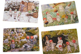 Four illustrated postcards, inspired by the "Children of the Forest" Elsa Beskow 4 tray wooden box puzzle, feature red-capped children exploring forest and snowy landscapes.