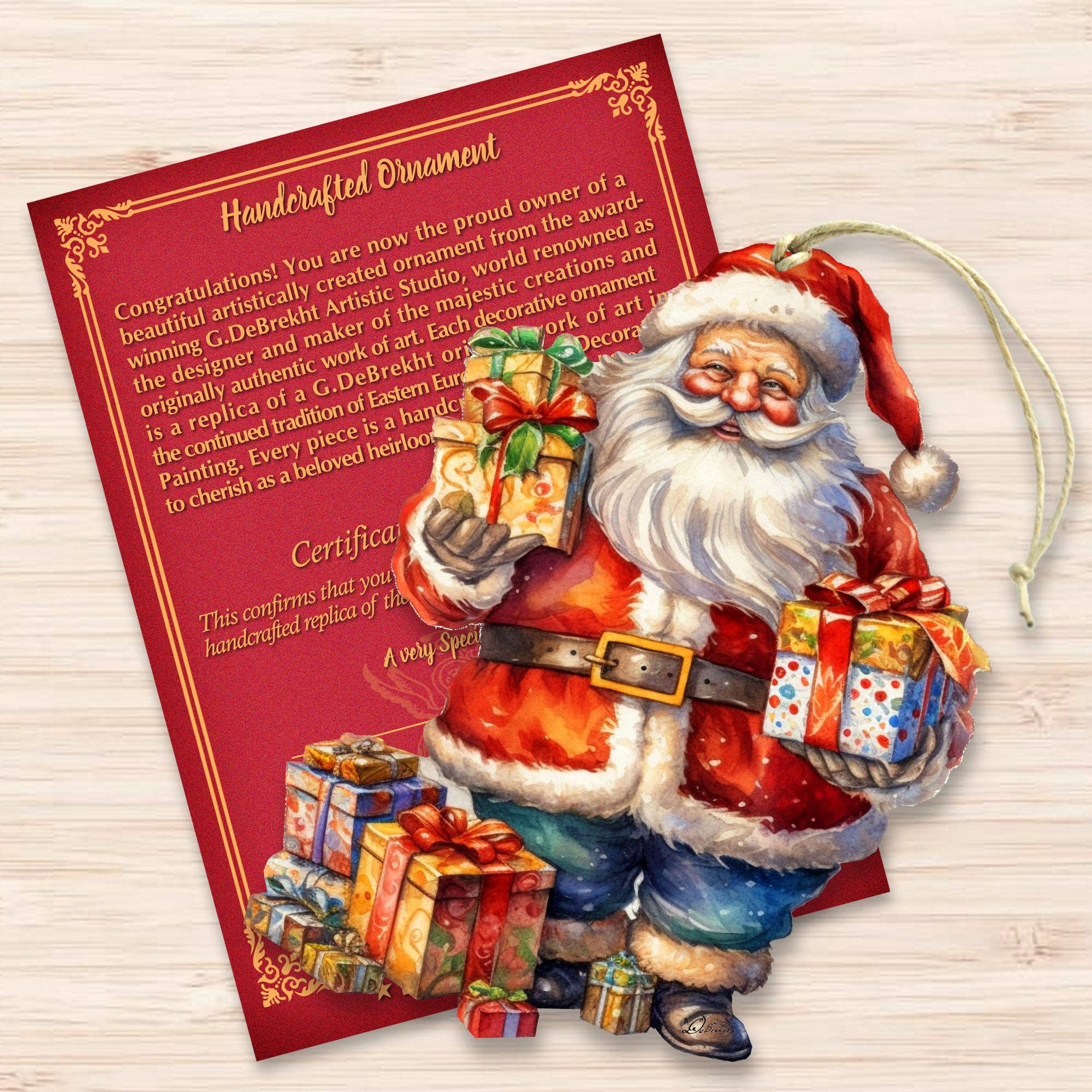 Illustration of Santa holding gifts stands before a festive certificate, featuring the "Merry Delivery Santa Wood Christmas Tree Ornament" by Artist G Debrekht—a handcrafted collectible for your holiday décor.