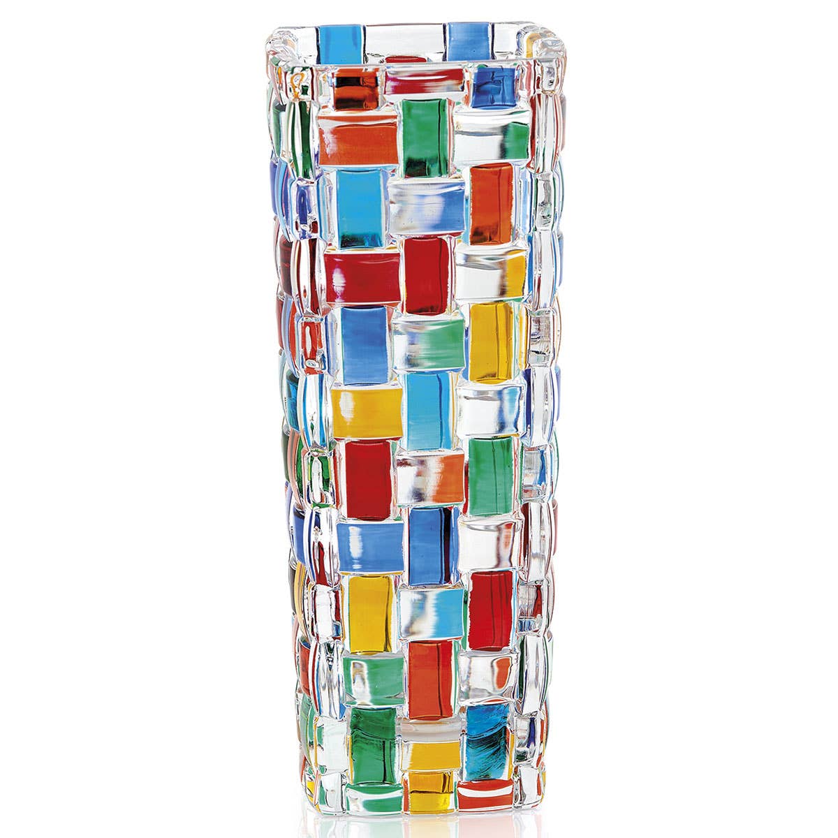 Tall, clear Murano glass bud vase featuring a grid of colorful rectangular tiles in red, blue, yellow, green, and orange.