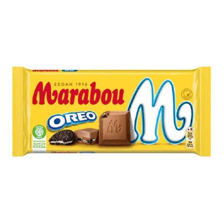 A yellow package of the Candy: Marabou Oreo Bar 185g featuring Oreo pieces, Swedish milk chocolate, and a prominent M logo.