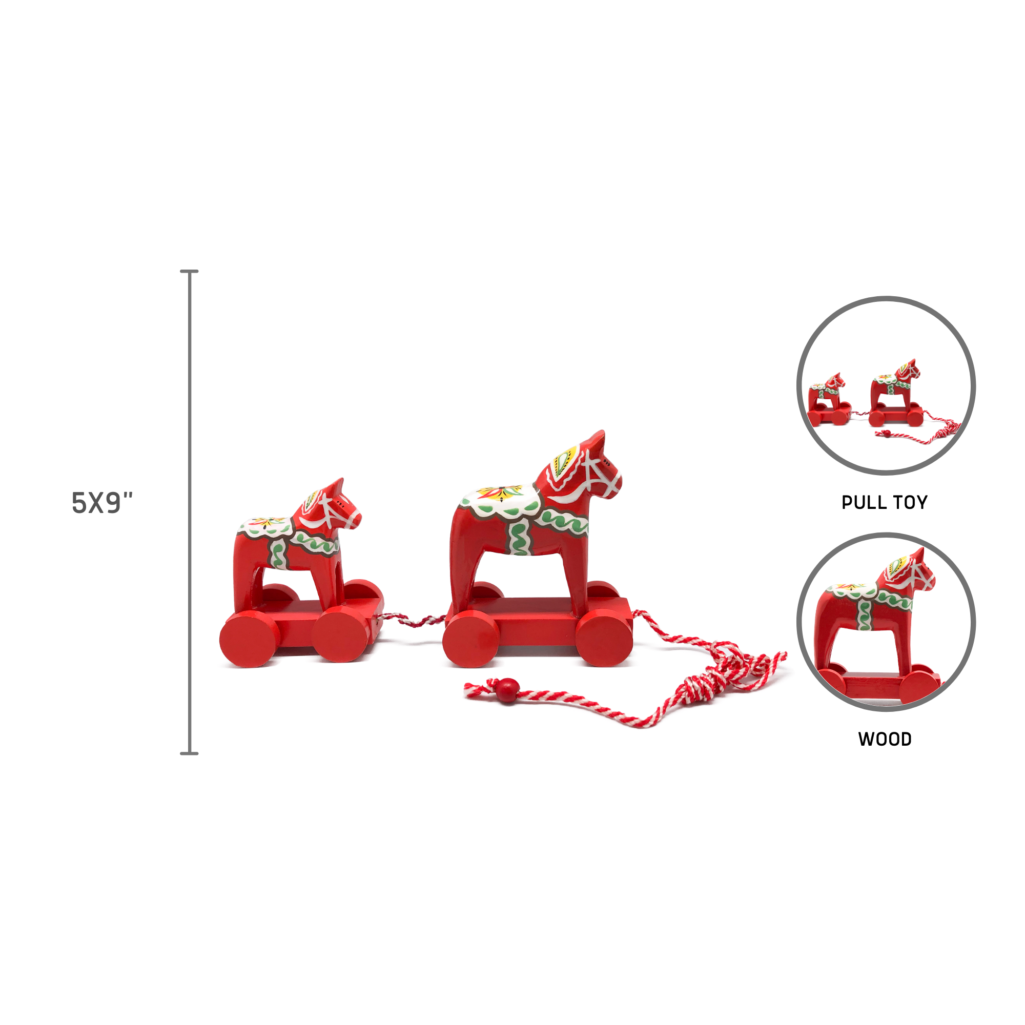 The product features two red wooden Swedish Horse themed pull toys, each adorned with decorative patterns and strings and displayed from various angles. These exquisitely handcrafted treasures measure 5x9 inches.