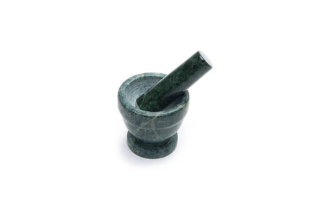 A Mortar and Pestle: Marble Mortar and Pestle, Green, 3.5"x3.5" with an unpolished interior is set against a white background.