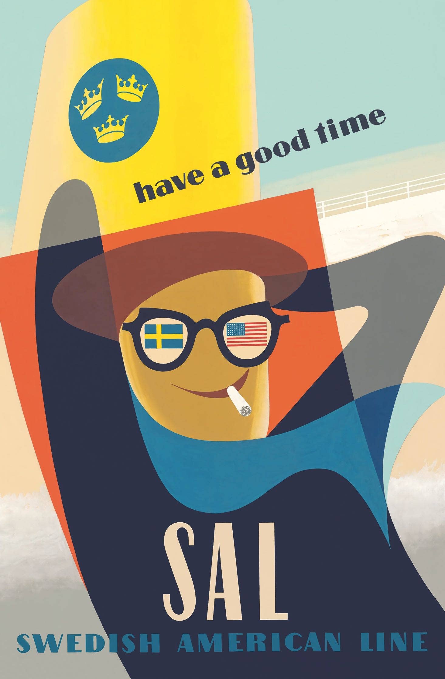 Vintage-inspired postcard for the Swedish American Line (SAL), showcasing a cheerful figure with glasses adorned with Swedish and American flags, a jaunty hat, and a cigarette. Resembling an oversized postcard, it invites you to "Have a Good Time" – Come to Sweden. Dimensions are 7.25" x 4.65".