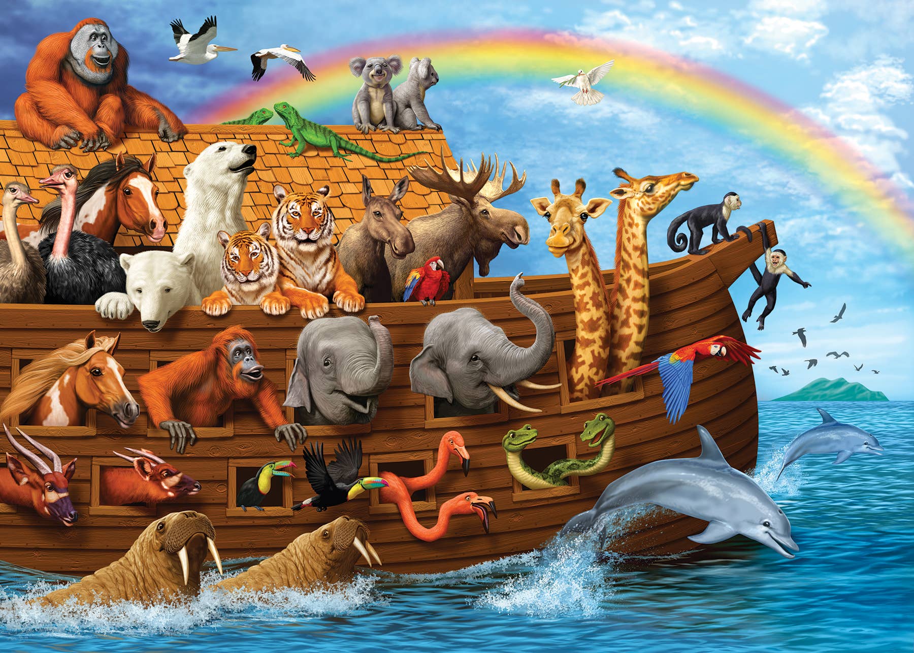 A radiant rainbow arches over the ark embarking on the Voyage of the Ark, as elephants, giraffes, and dolphins join in this captivating 35-piece tray puzzle.