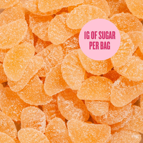 Juicy watermelon gummy candies from PÄNDY are stacked closely together, highlighting a delicious treat that reimagines healthy candy. A pink circle in the corner features the text: “1G OF SUGAR PER BAG.” Product Name: PÄNDY WATERMELON 14 X 50 G Swedish Sugar Free Gummy Candy Brand: Swedish Sweets Wholesale LLC - Swedish Candy.