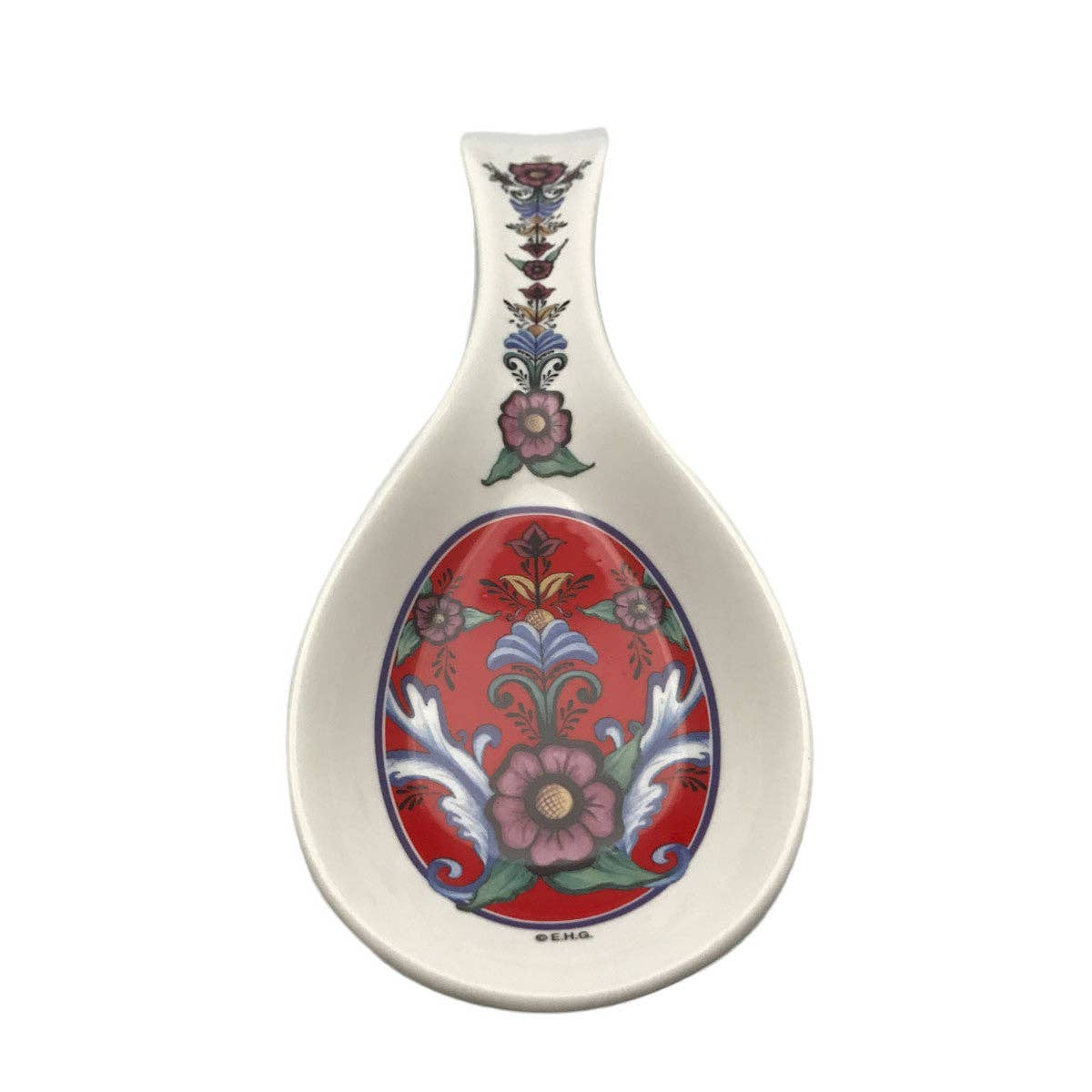 The Spoon Rest: Rosemaling Red Kitchen exudes Norwegian elegance with its intricate rosemaling pattern, showcasing a floral design of colorful flowers set against a vibrant red background.