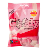 Bag of Bubs Sour Vanilla Strawberry candy, Fairtrade certified, featuring vibrant pink and white packaging.