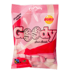 Bag of Bubs Sour Vanilla Strawberry candy, Fairtrade certified, featuring vibrant pink and white packaging.